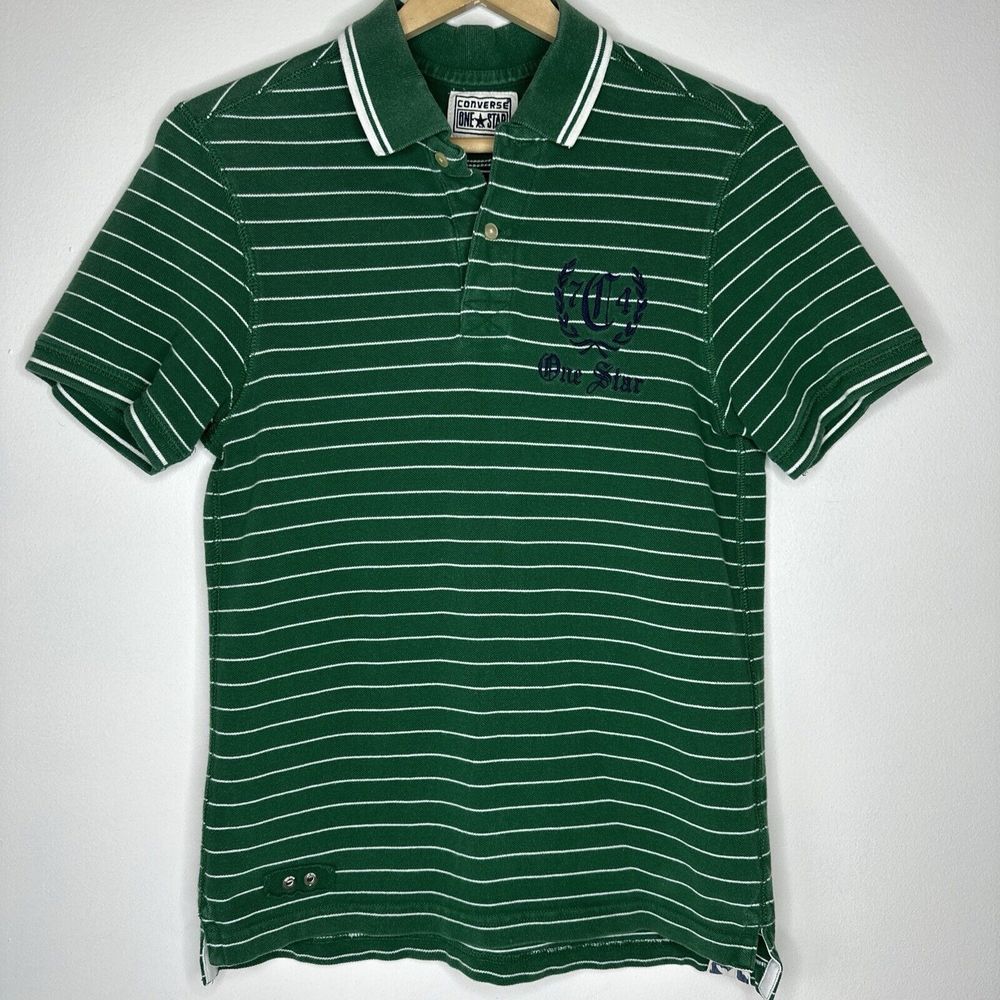 vintage Converse one star medium men's green and‎ white striped cotton polo